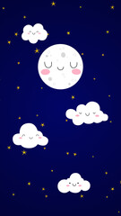 moon and stars with cute clouds on night sky, kids lullaby and nursery rhyme vertical social media background	