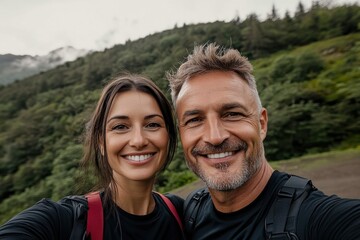 Couple enjoys a joyful moment while hiking in a lush green mountain landscape during a cloudy day