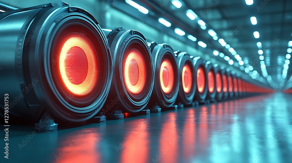 Poster abstract futuristic industrial array with glowing circular elements in a long line