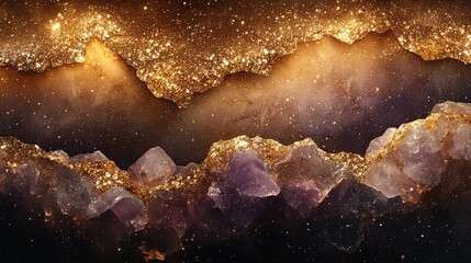Fototapeta premium Sparkling crystal formations glimmer in the cosmos with a backdrop of golden stardust in a unique celestial display