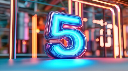 Obraz premium Bright neon number five illuminated in a vibrant urban setting with colorful lights in the background at night, 3d illustration.