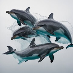 Fototapeta premium A pod of dolphins swimming close together, their bodies illuminated against a white background.