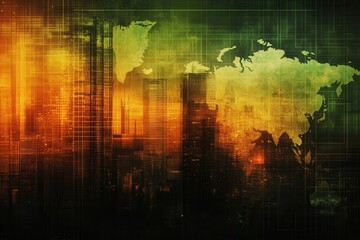Abstract Global Map with City Skyline and Digital Technology Elements