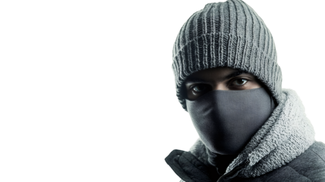 Portrait of a burglar wearing a balaclava and wool cap, staring intensely, isolated on a transparent background