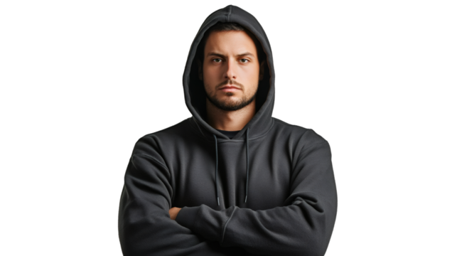 Serious male standing with crossed arms, wearing black hoodie against transparent backdrop