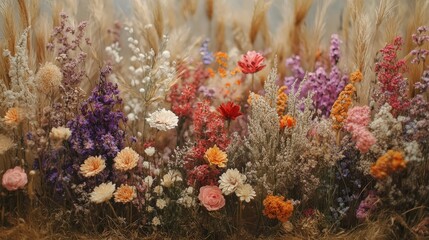 Fototapeta premium A vibrant tapestry of dried flowers unfurls across the field—pink, purple, white, and hints of orange—arranged artfully to evoke nature's beauty at rest