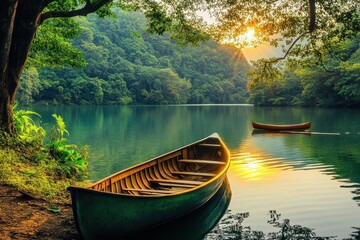 Serene Lake at Sunset with Canoes Amidst Lush Greenery