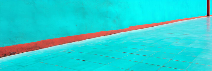 Obraz premium Vibrant turquoise wall and floor with rough texture and bold red accent