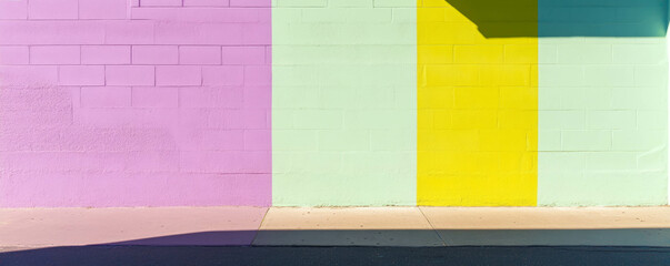Vibrant violet, lime, and white wall with geometric brick texture for artistic background design