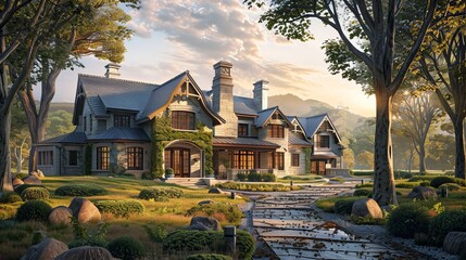 Fototapeta premium A stunning view of an elegant stone house surrounded by lush greenery and a serene landscape at sunset.