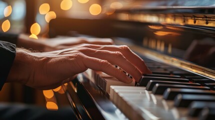 Playing piano in a cozy setting with warm lights in the background during evening hours