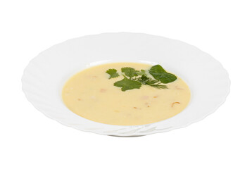 A bowl of soup garnished with fresh parsley on a white background