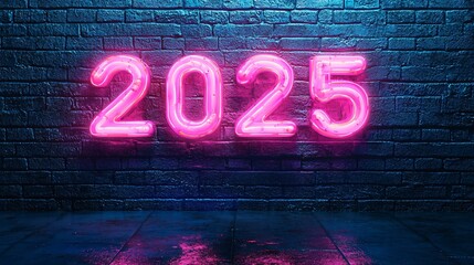 Obraz premium Celebrate 2025 with vibrant pink neon numbers against a dark blue brick wall. Modern, urban design ideal for New Year, future events, and tech promotions. Copy space included.