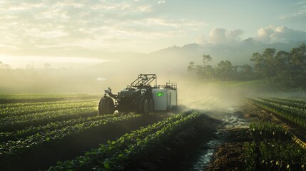 Naklejka premium Agricultural Robot in Mist-Shrouded Field at Dawn