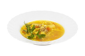 A bowl of meatball soup with vegetables on a white background