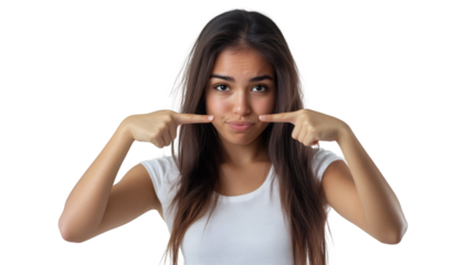 Studio portrait of a young woman pointing her puffed cheeks with index fingers, isolated on transparent background