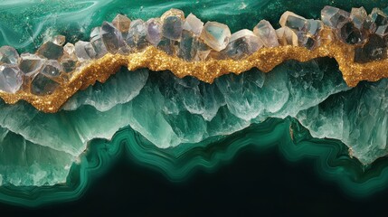 Obraz premium Natural formation of green agate with golden crystals and purple accents showcases unique mineral diversity and beauty in a tranquil setting