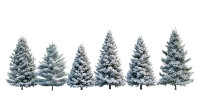 Snowy fir trees realistically rendered in 3D, standing against transparent background