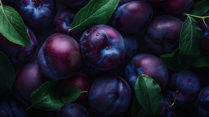 Fresh plums with green leaves arranged on a dark background during autumn harvest season