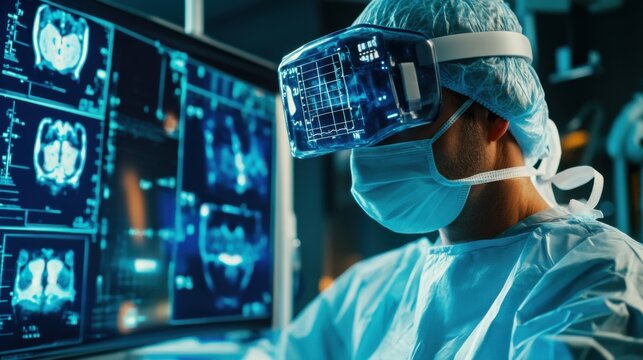 Hospital surgeon with virtual interface background, interactive digital screens, glowing medical elements, highly advanced operating setup