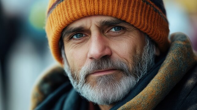 Middle-aged man with gray beard and blue eyes wearing an orange beanie is smiling in a bustling outdoor market during autumn afternoon