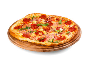 A pepperoni pizza is now on a wooden cutting board for serving
