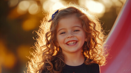 A sweet little girl with bouncing curls, laughing as she slides down a pink slide, the warm golden sunlight highlighting her joyful expression.