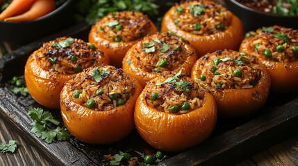 Stuffed peppers, rice, peas, herbs, kitchen, cooking, food photography