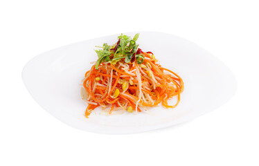 A white plate with noodles and carrots on a white background