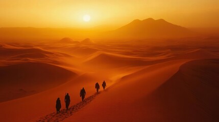 Fototapeta premium Sunset Trek Across the Sahara: A Journey of Hope and Resilience