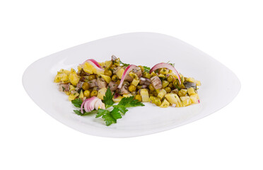 A pristine white plate holding a fresh salad on a clean white background