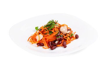 A white plate with carrots, beans, and meat on a white background
