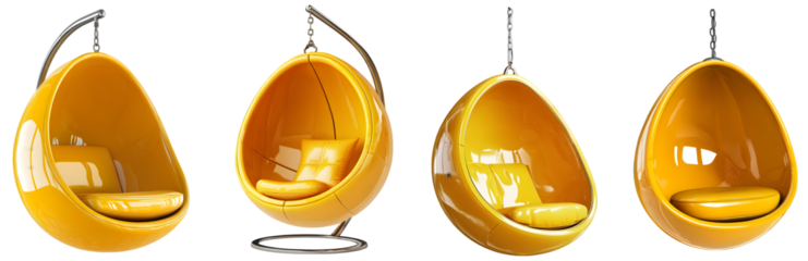 Modern yellow hanging bubble chairs with metal stands and chains transparent background