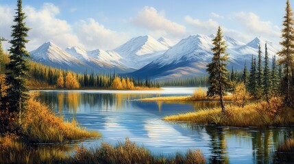 Fototapeta premium Serene Mountain Landscape with Lake and Autumn Foliage Reflections