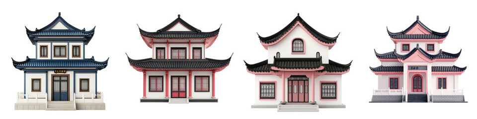 Fototapeta premium Collection of Ornate and Decorative Traditional Asian Temple Pagoda and House Architecture Exterior Designs from Japan China and Other Eastern Asian Cultures