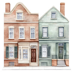 Fototapeta premium PNG Vintage Colonial townhouses architecture illustration watercolor.