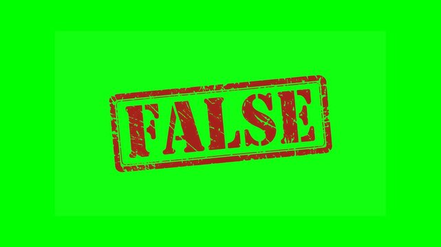 Animated "FALSE" rubber stamp seal with bold red text, featuring a zoom and hit effect on a green screen background for incorrect information, rejection and misinformation