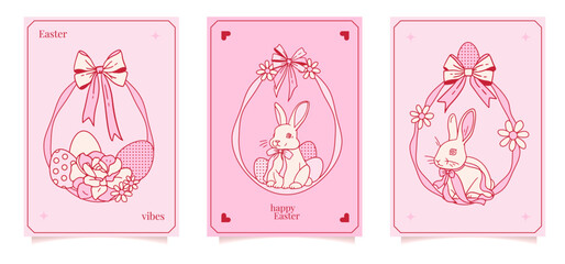 Hand drawn Easter cards or posters set with coquettish pink ribbon frame baby Easter hare, rabbit with eggs and flowers. Nursery print, vintage doodle border decoration, girly retro design. Vector