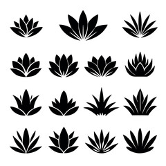 Set of Black and White Silhouettes of Lotus and Agave Plants