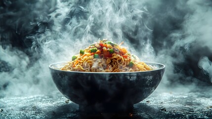 Steaming Noodle Dish with Aromatic Smoke and Vapor in Moody Atmosphere