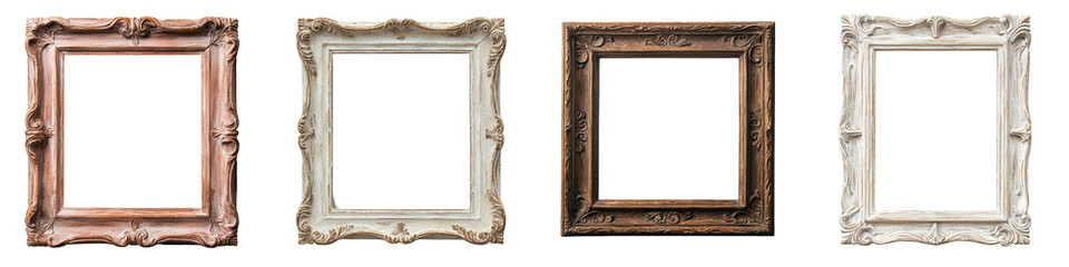 A collection of vintage antique and ornate empty frames in various styles colors and designs  These elegant frames can be used to display artwork photographs or other decorative pieces