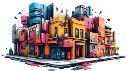 Vibrant Colorful Modern Architectural Cityscape with Geometric Skyscrapers and Apartments