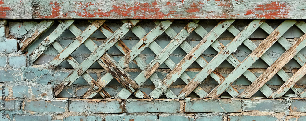 Poster Weathered wooden lattice texture on painted brick wall for rustic design and architecture projects