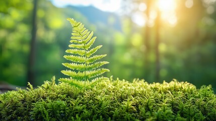 Young green fern growing on moss in a sunlit forest with soft bokeh background