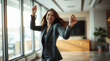 Cheerful lawyer celebrates victory in a law firm office. Happy business female dancing after successful deal.