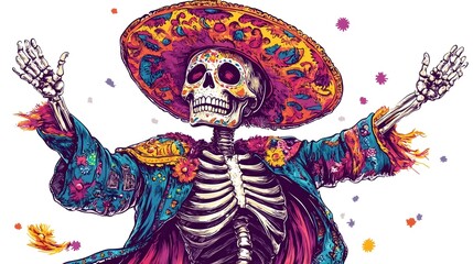 Fototapeta premium Vibrant Skeleton Wearing Colorful Sombrero Celebrating Mexican Dia de los Muertos Festival