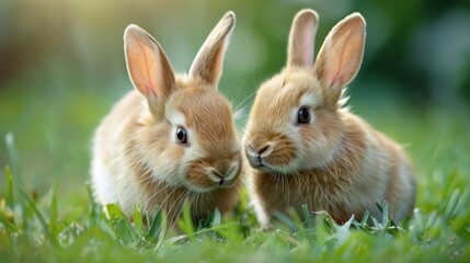 Fototapeta premium Two fluffy young rabbits playfully interacting in a sunlit green garden during a warm afternoon in spring