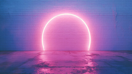 Futuristic neon arch on white brick wall background for creative design