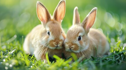 Fototapeta premium Two adorable baby rabbits resting together on a sunny green lawn in springtime, showcasing their fluffy fur and playful expressions