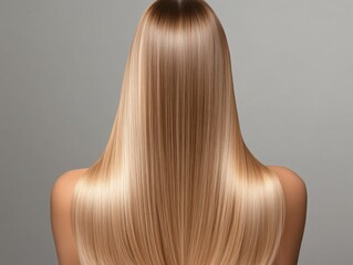 Silky smooth long blonde hair styled elegantly against a neutral background highlighting shine and texture